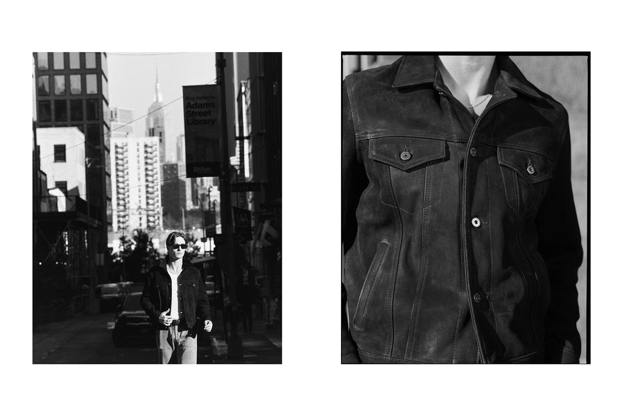 A diptych of a man walking down a city street in a black leather jacket.