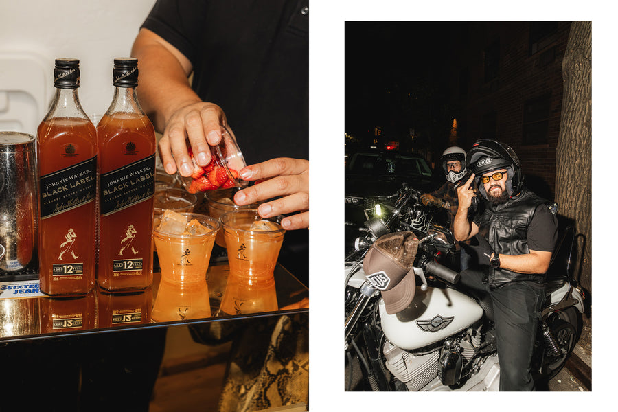 A diptych of a bartender prepping drinks and some bikers giving the camera the finger