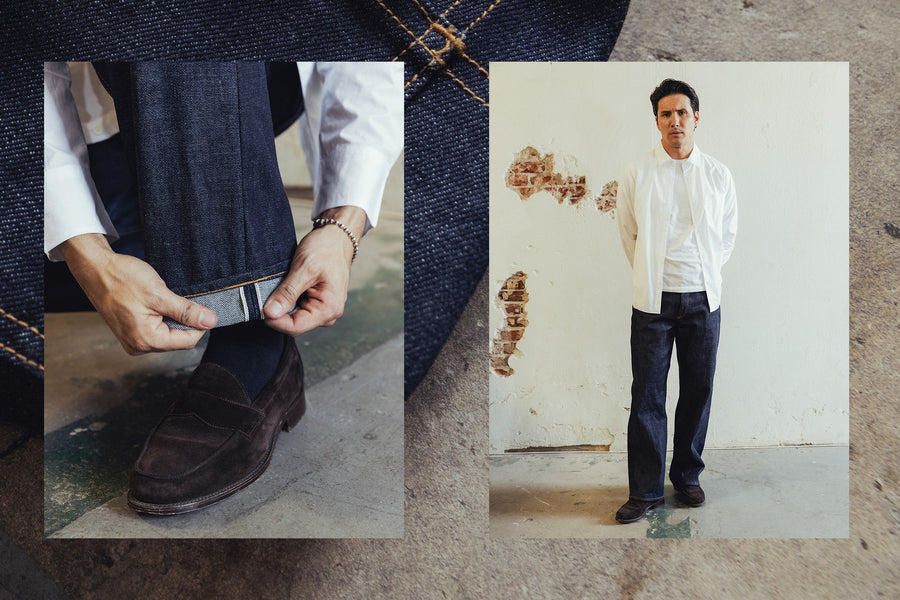 A diptych of a man cuffing his cuff and standing up and posing in the jeans.