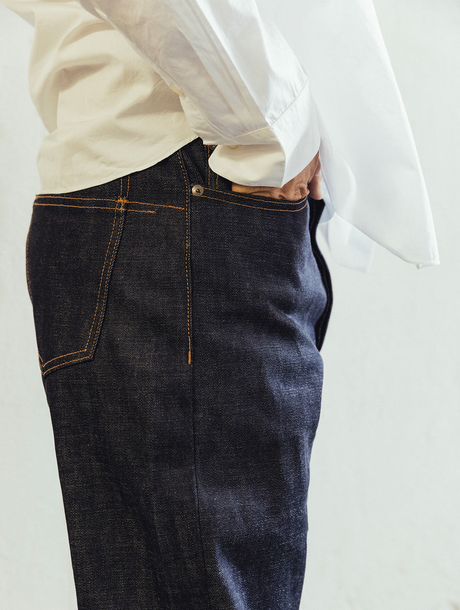 A side view of raw indigo denim