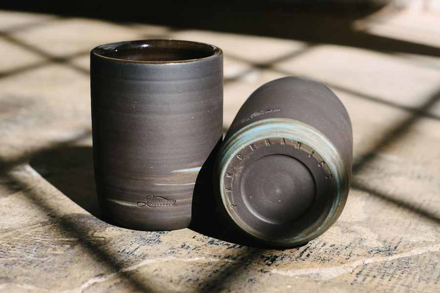 Close up view of mugs.