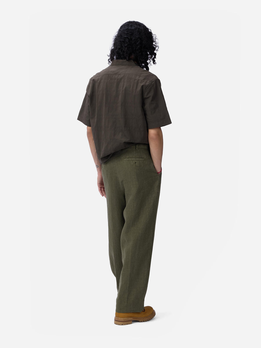 Person wearing a brown shirt and green pants on a white background