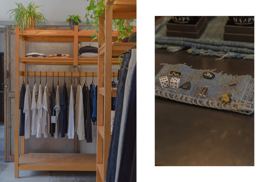 A diptych of our LA shop interior featuring wooden racks and enamel pins on a denim cuff.