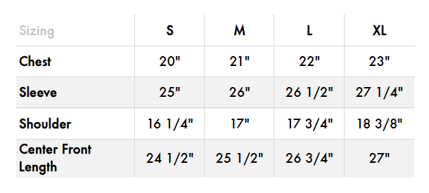 Sizing chart for the 3sixteen x Woodlands flannel