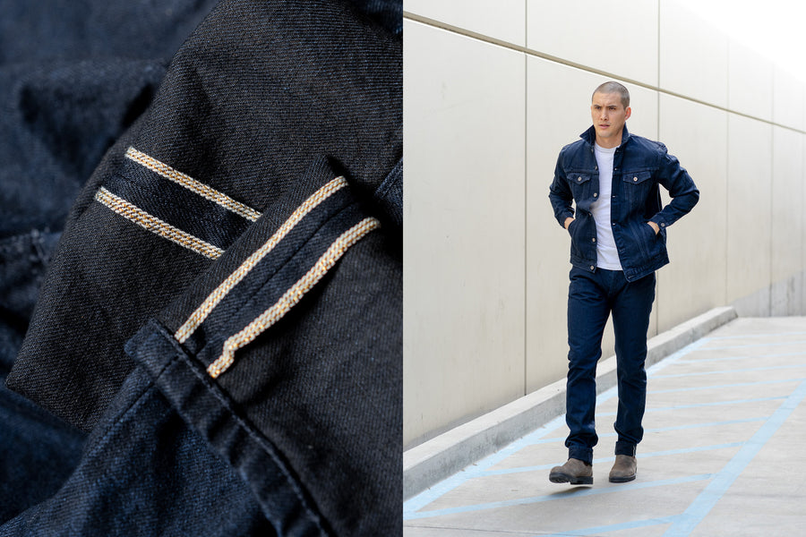 A diptych of a man in a dark blue denim suit and a closeup shot of the fabric.