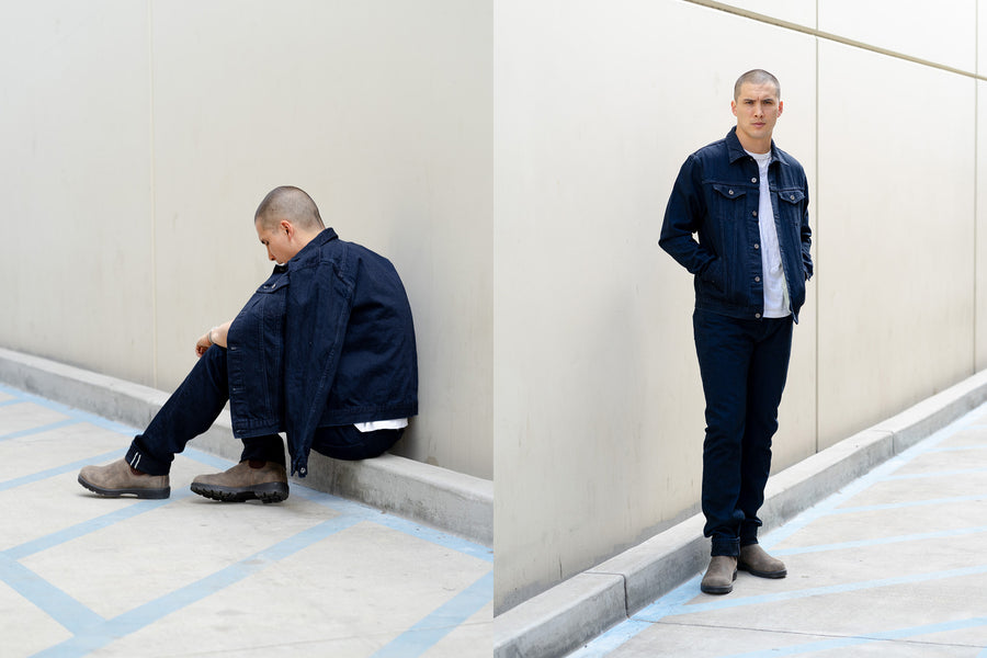 A diptych of a man in a dark blue denim suit.