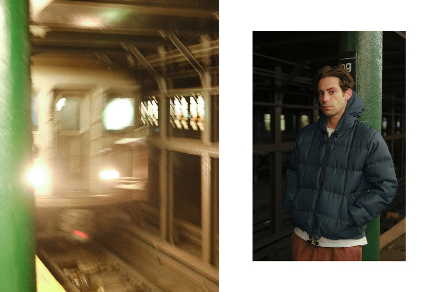 A diptych of a man in a down jacket and an oncoming subway train.