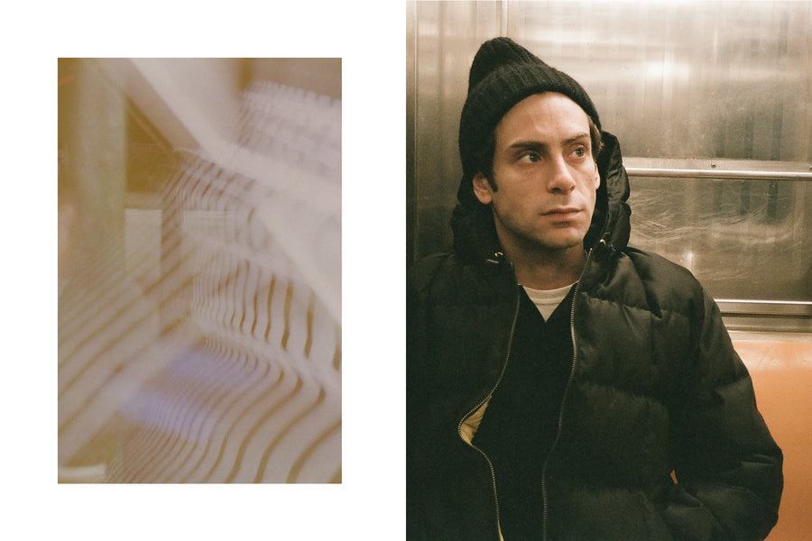 A diptych of a man in a black puffer on a subway car.