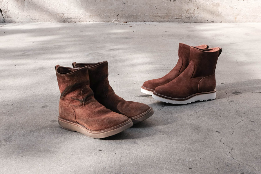 Comparison photo of Johan Lam's custom roper boot next to the Viberg for 3sixteen roper boot, both in aged bark roughout.
