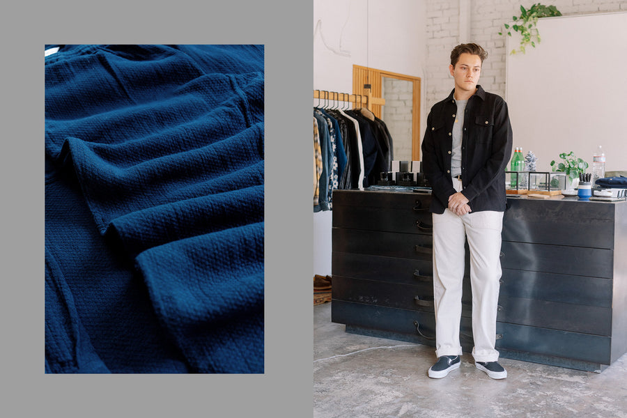 A diptych of a textured fabric detail shot and a man in a black shirt and white pants.