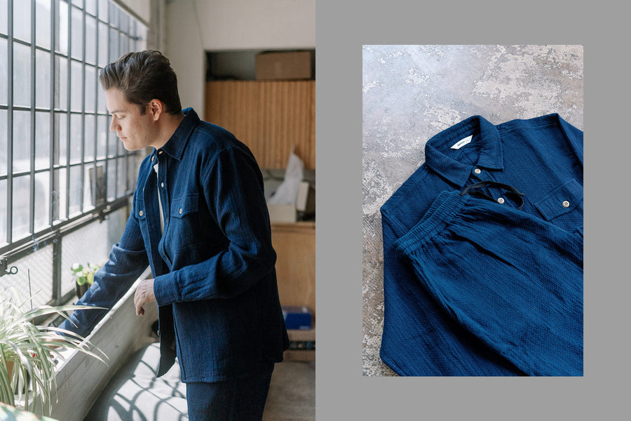 A diptych of a man in a textured blue shirt, and the same shirt lying on the floor.