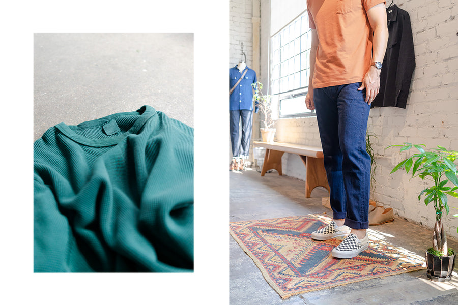 A diptych of a green thermal on the ground next to a man in an orange tee and overdyed blue jeans.